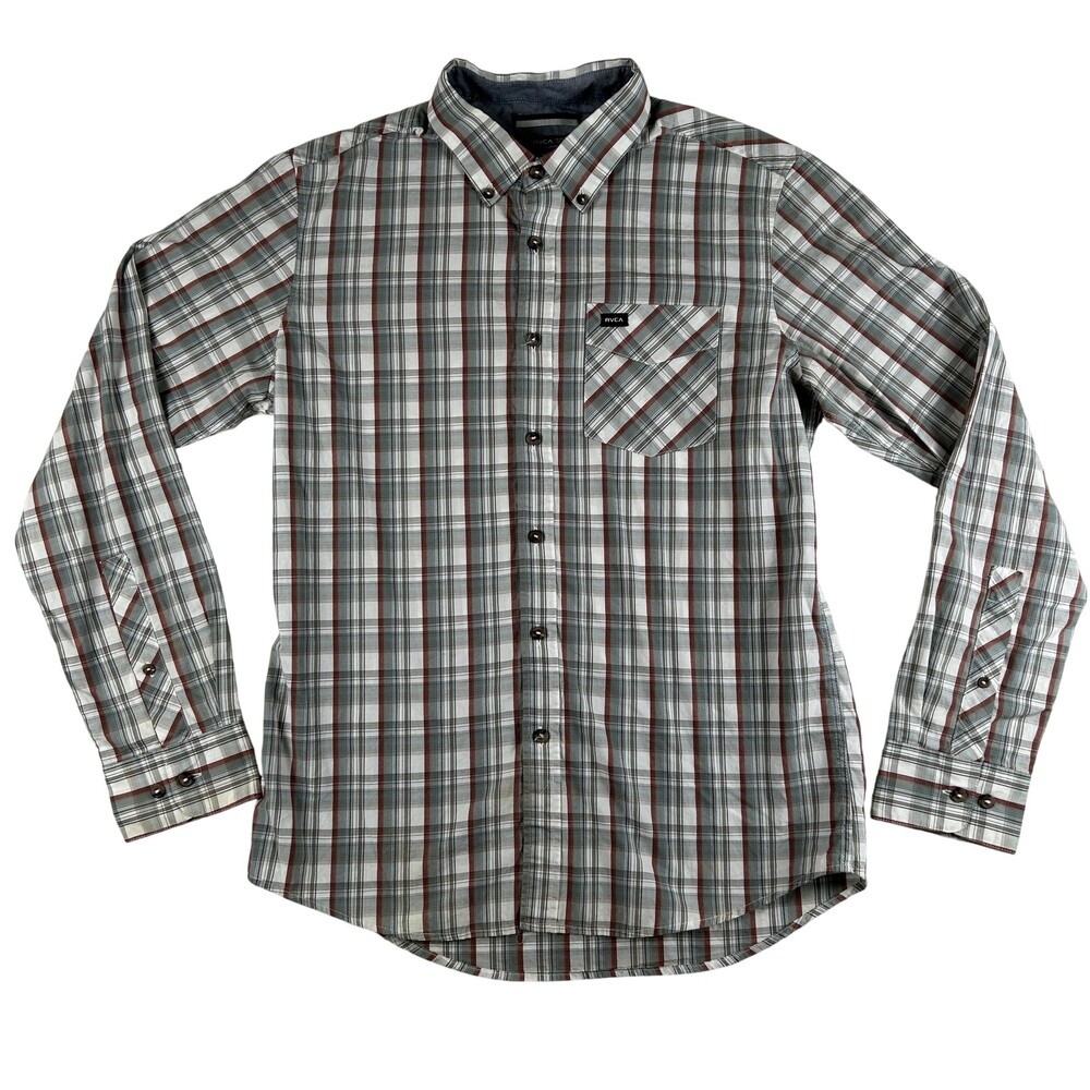 RVCA Shirt Mens Small Gray Plaid Long Sleeve Button Down Cotton Casual